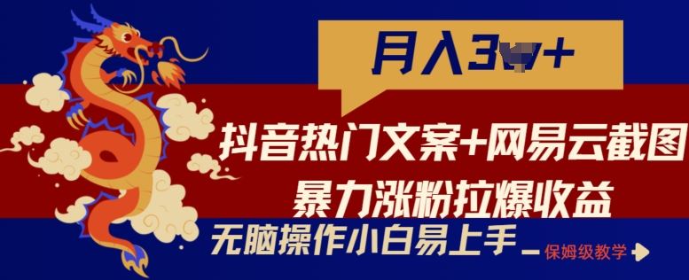 抖音热门文案+网易云截图暴力涨粉拉爆收益玩法，小白无脑操作，简单易上手【揭秘】-沫尘创业网-知识付费资源网站搭建-中创网-冒泡网赚-福缘创业网